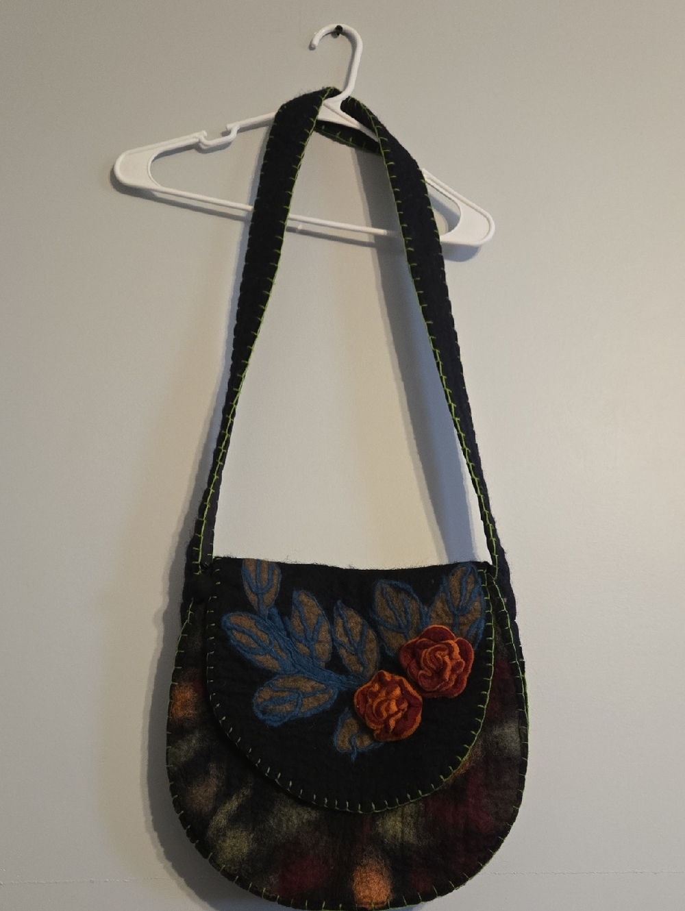 Rising Tide Black Wool Felt Crossbody Bag with Blue Leaf and Orange Rose Accents